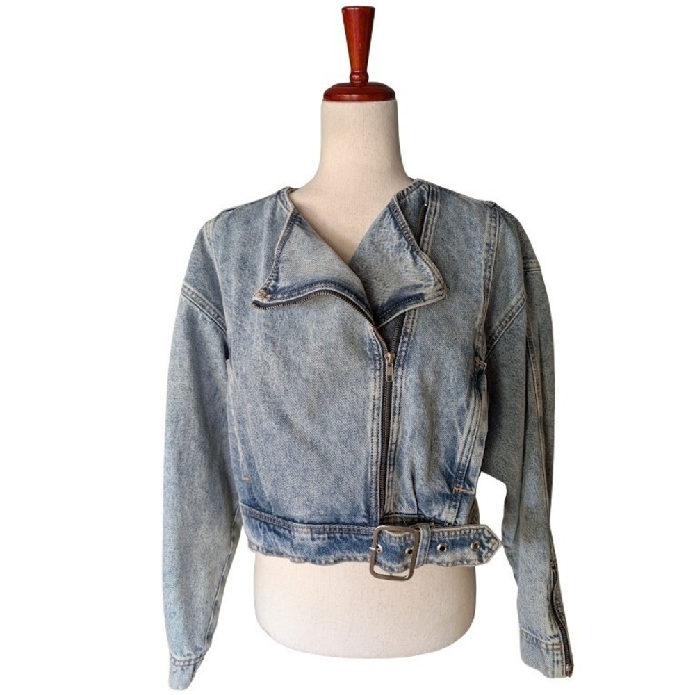 Zara Womens Light Acid Wash Denim Moto Jacket Cropped Belted Blue M 6164/109/406